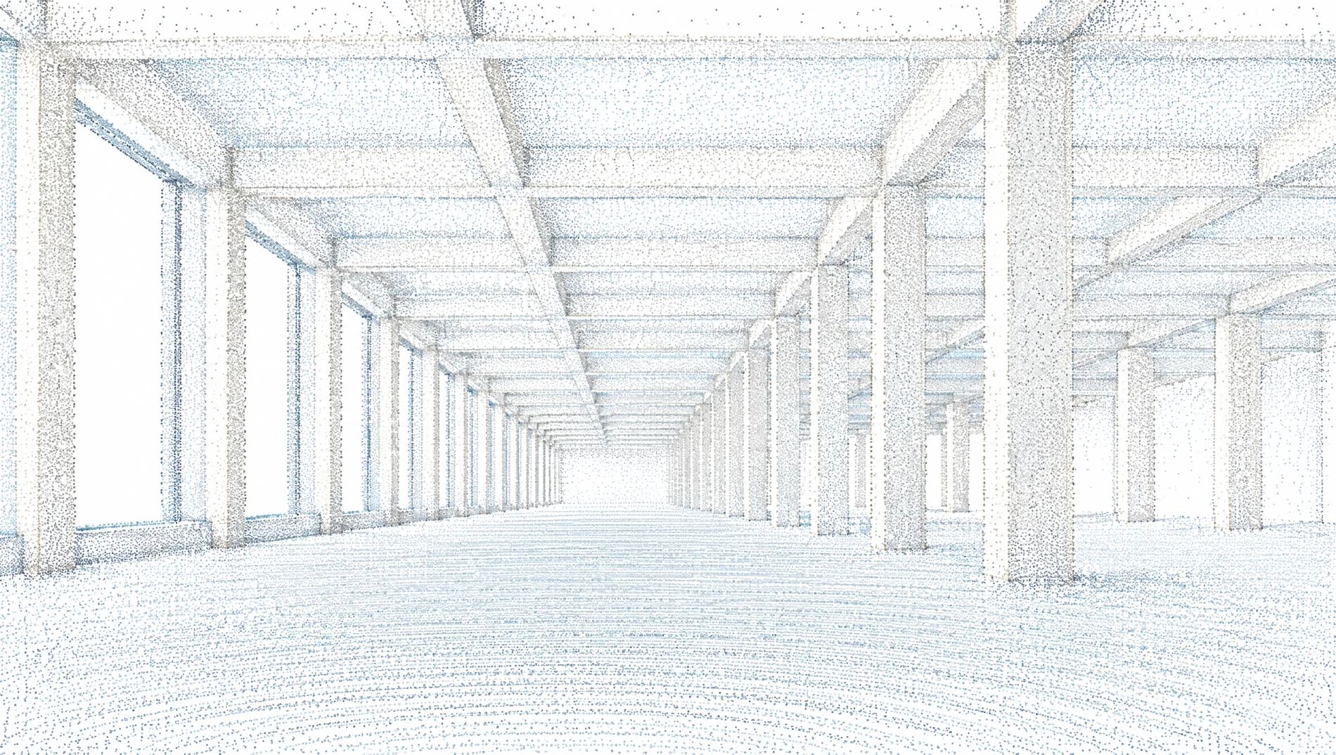 The raw laser scan of a concrete hall, drawn as millions of separate measured points.