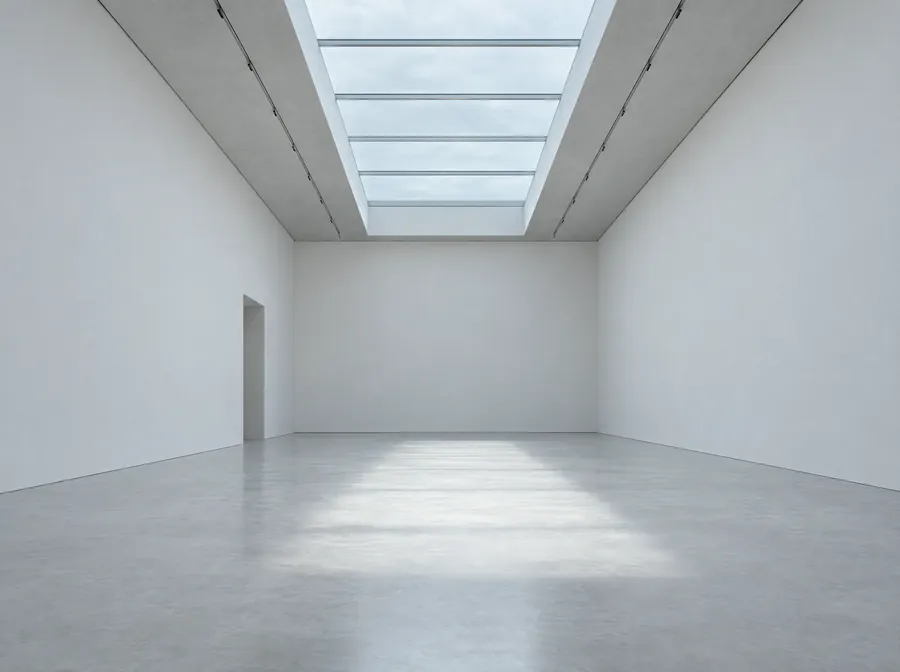 An empty gallery room lit by a long skylight, daylight pooling on the bare floor.