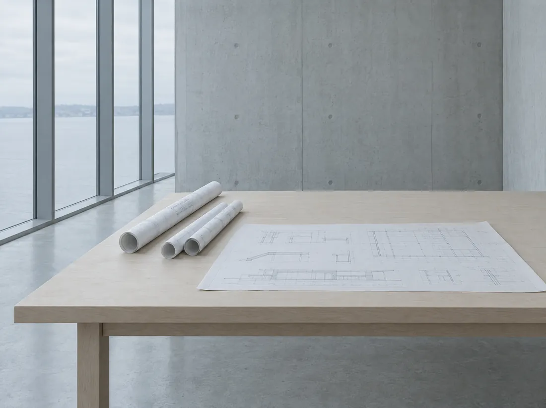 A drafting table with rolled technical drawings and one unrolled sheet of line drawings.