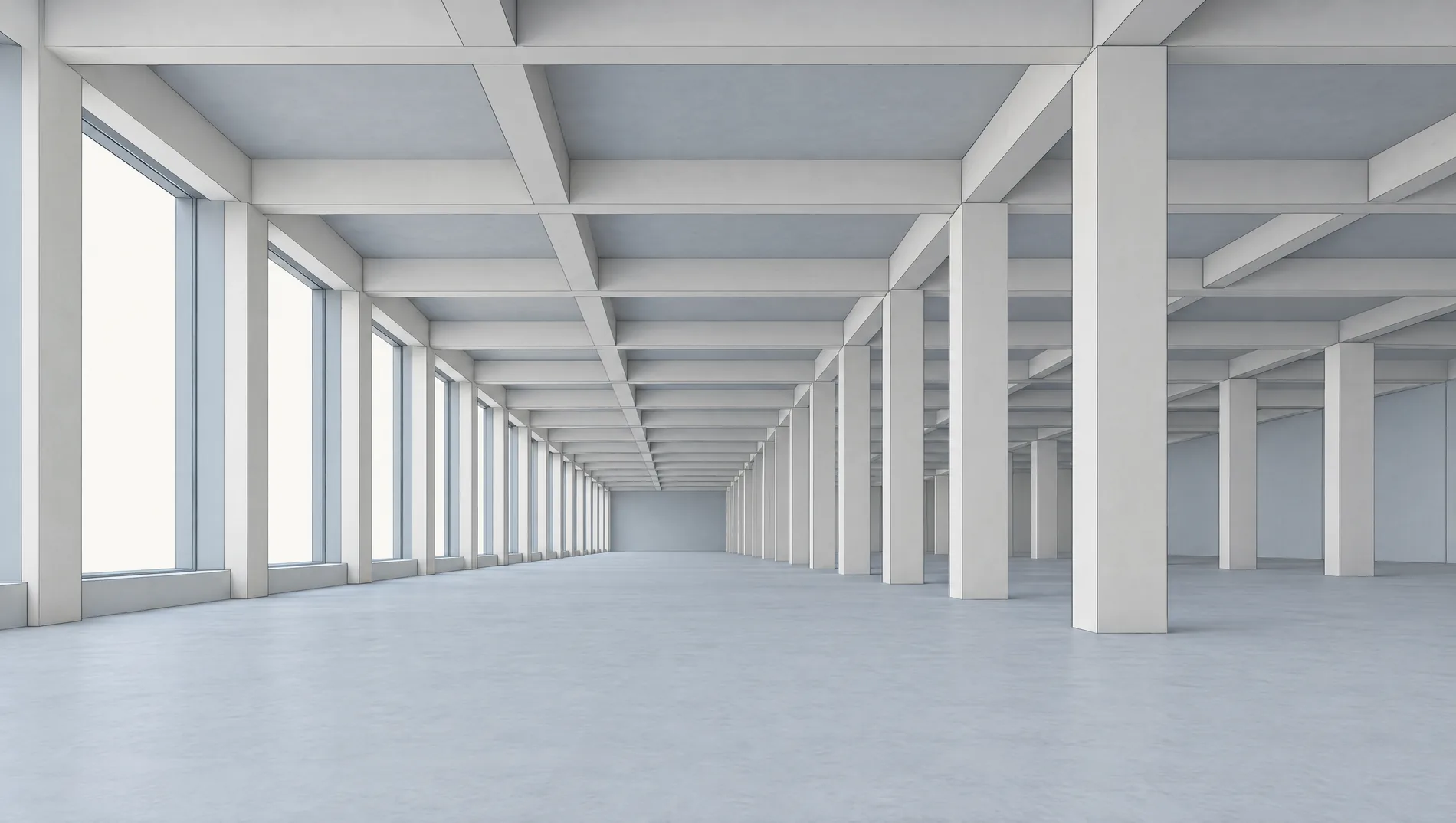 The same hall as a clean solid model: columns, beams, floor slab and window openings as closed surfaces.