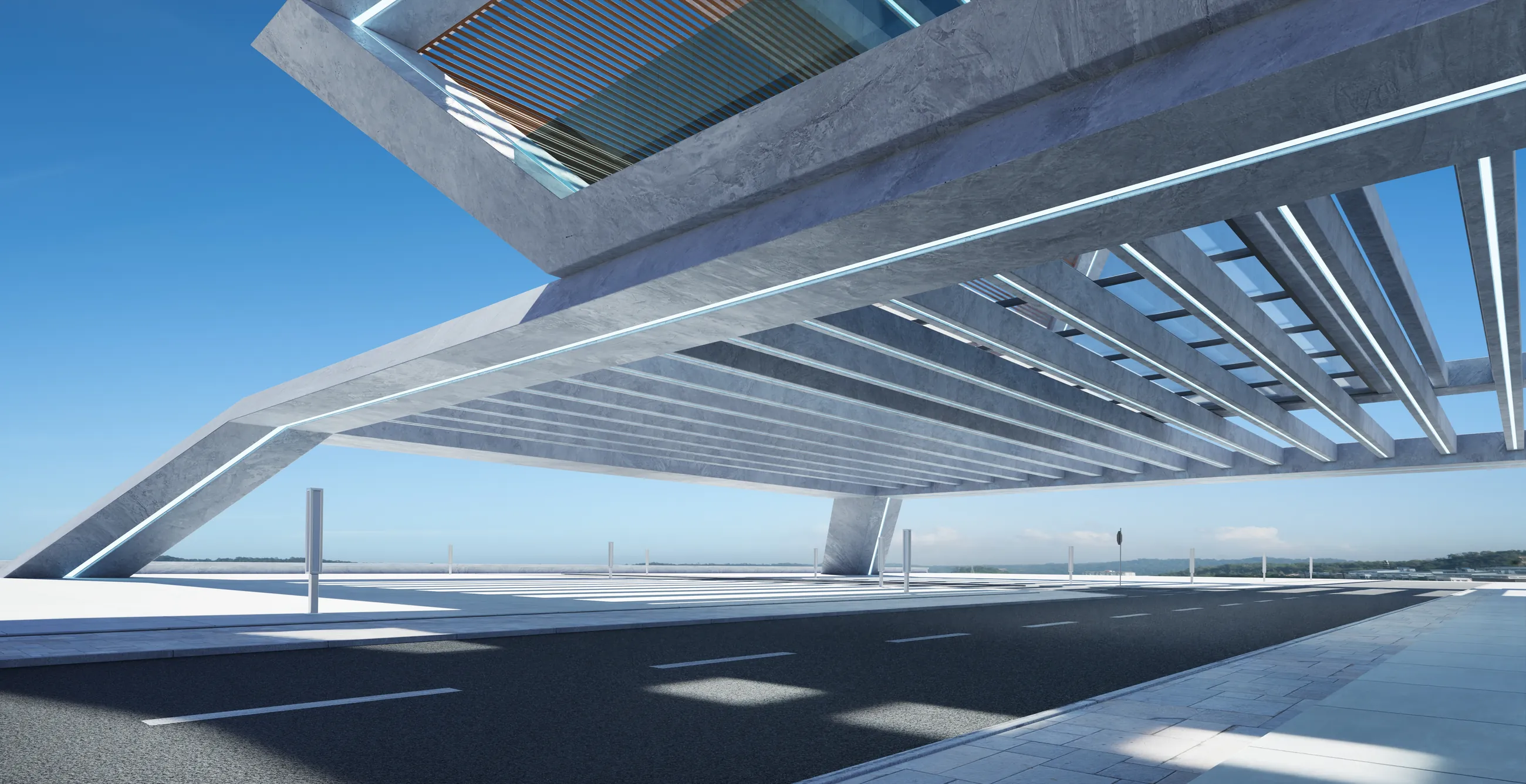 A wide concrete canopy of deep ribs cantilevered over an open forecourt against a clear sky.