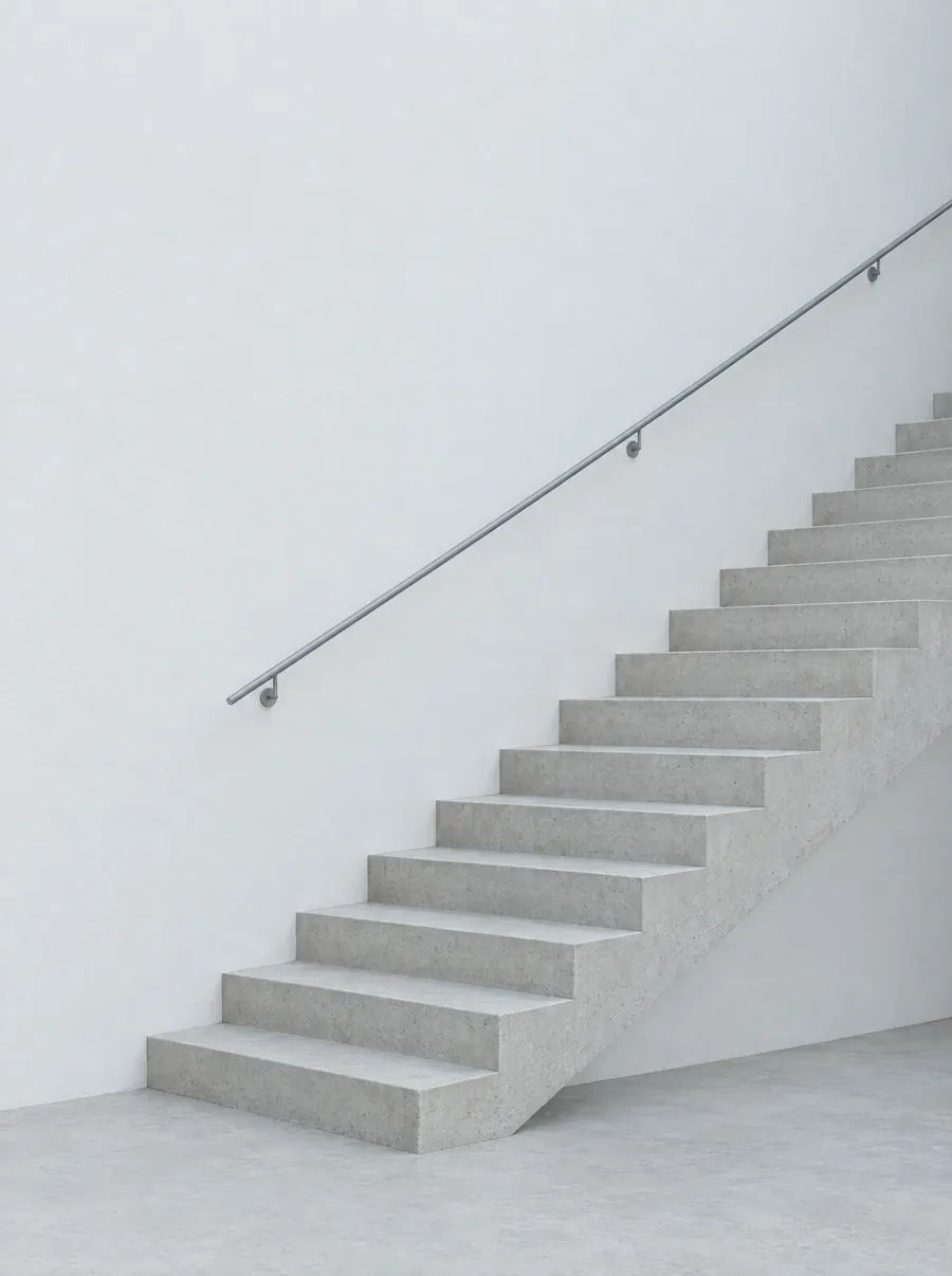 A flight of pale concrete stairs rising against a plain white wall.