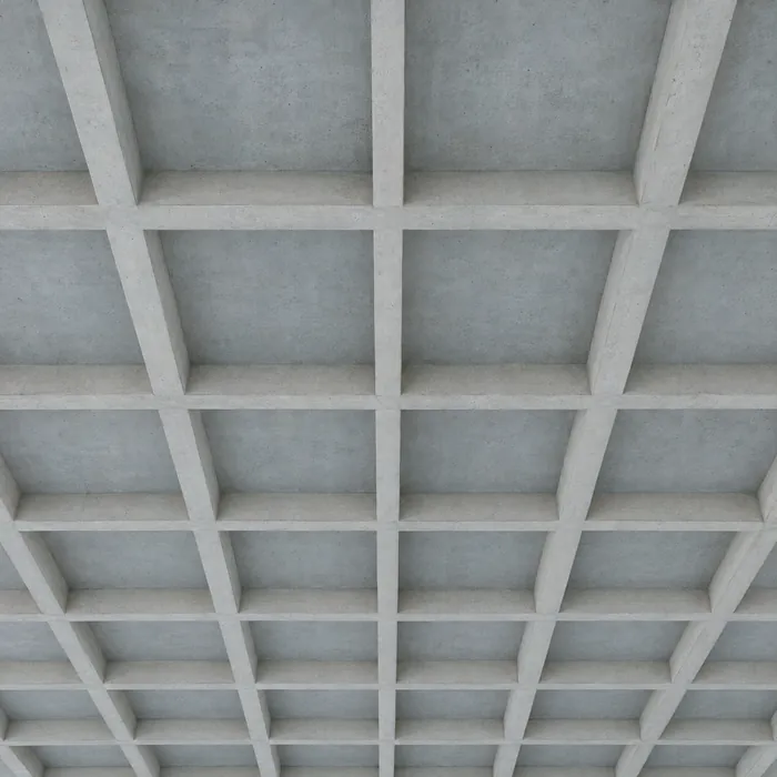 A concrete ceiling with a shallow beam grid, seen from below.