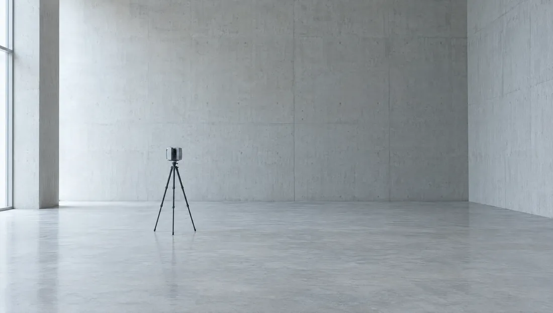 A single laser scanner on a tripod, alone in a large empty concrete room.
