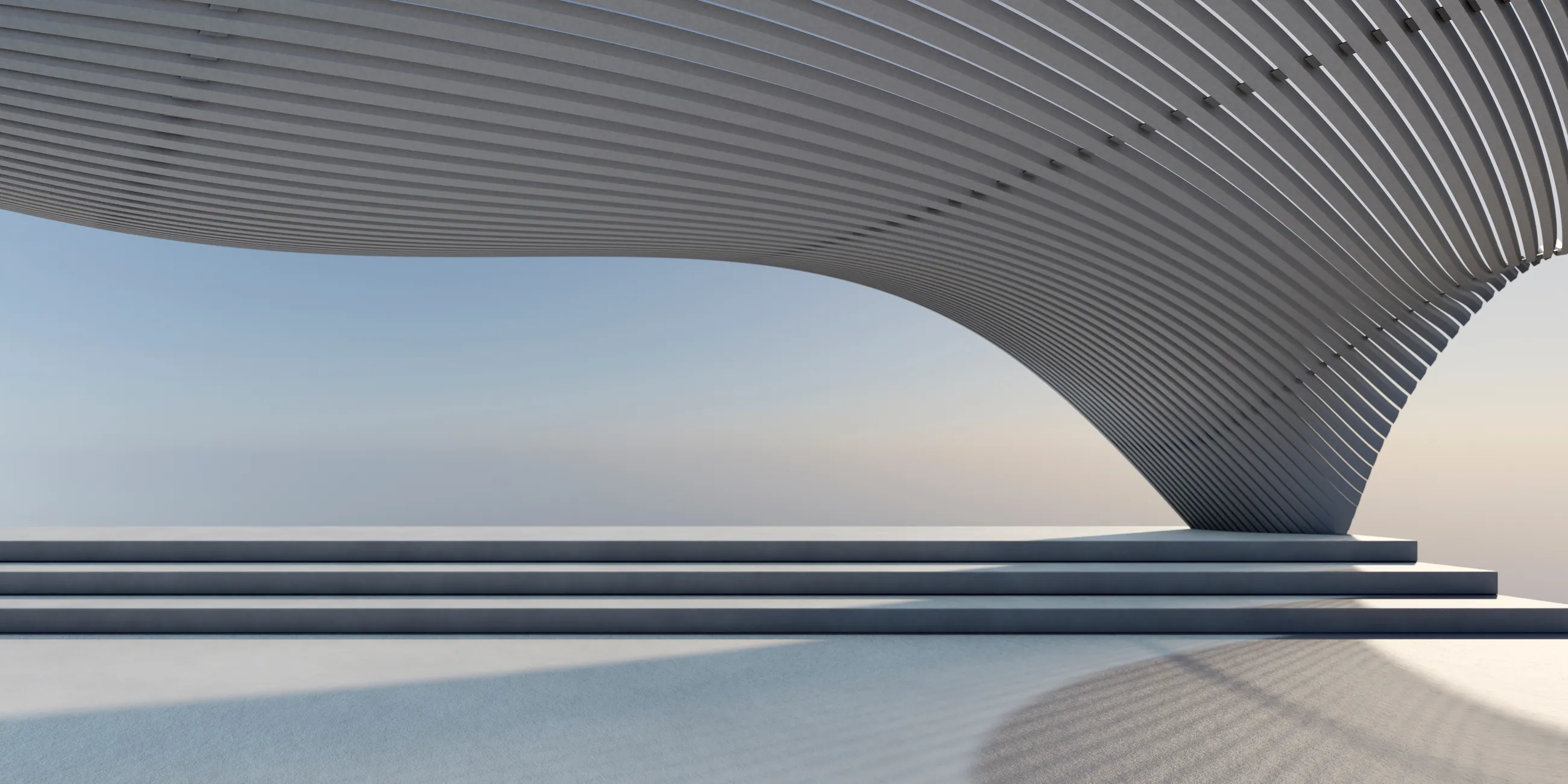A curved louvred concrete canopy sweeping over shallow steps against a pale sky.