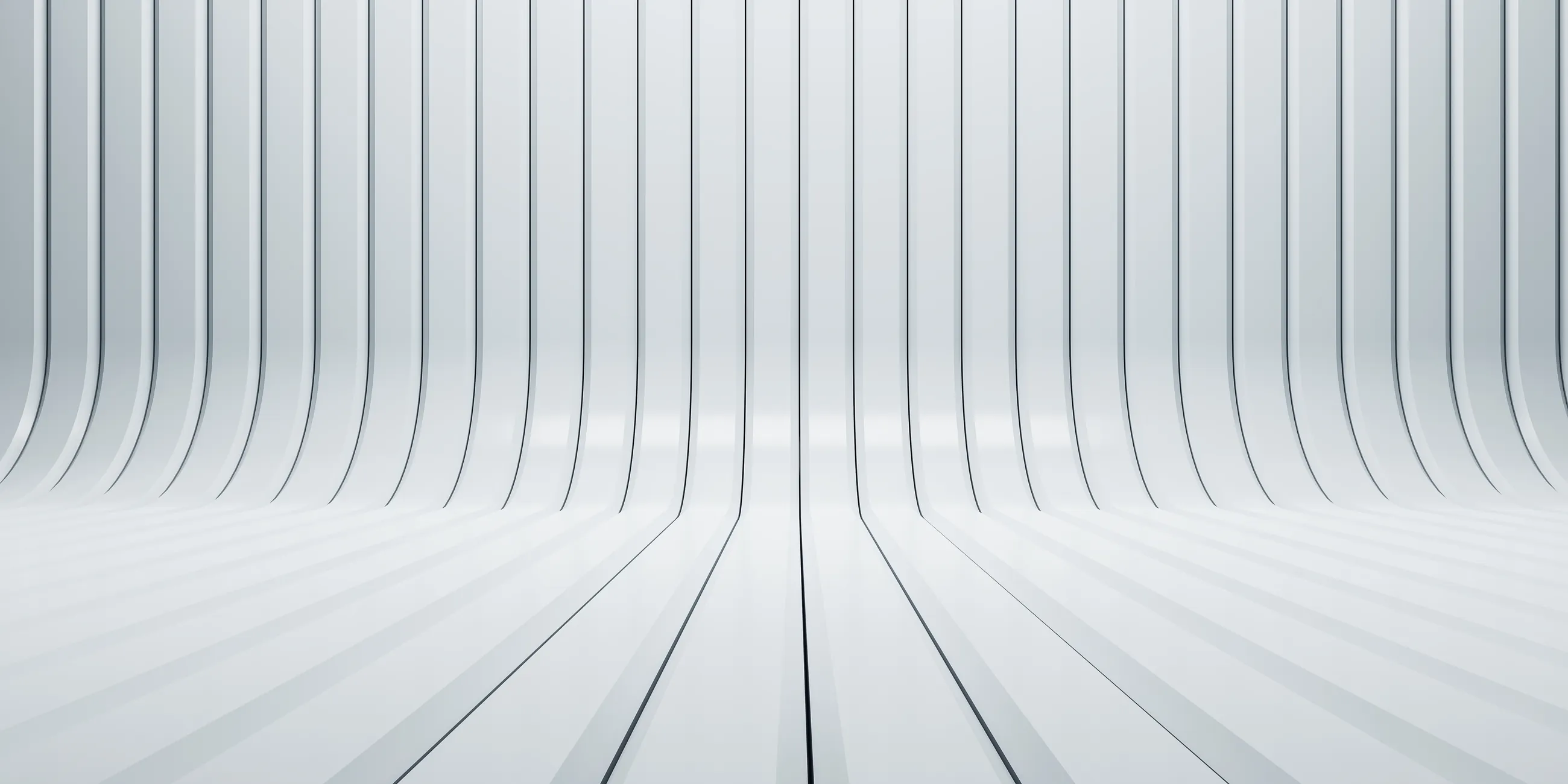 Rows of white slats curving down from a wall into the floor and running towards the viewer in parallel lines.