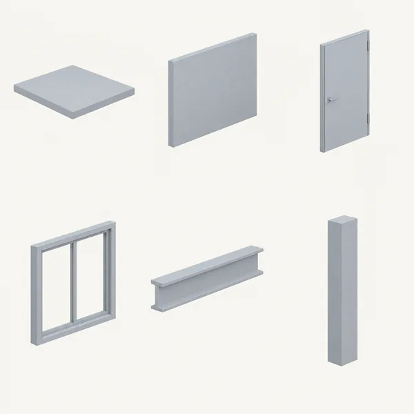 A grid of plain grey building-element objects: slab, wall panel, door, window, beam and column.