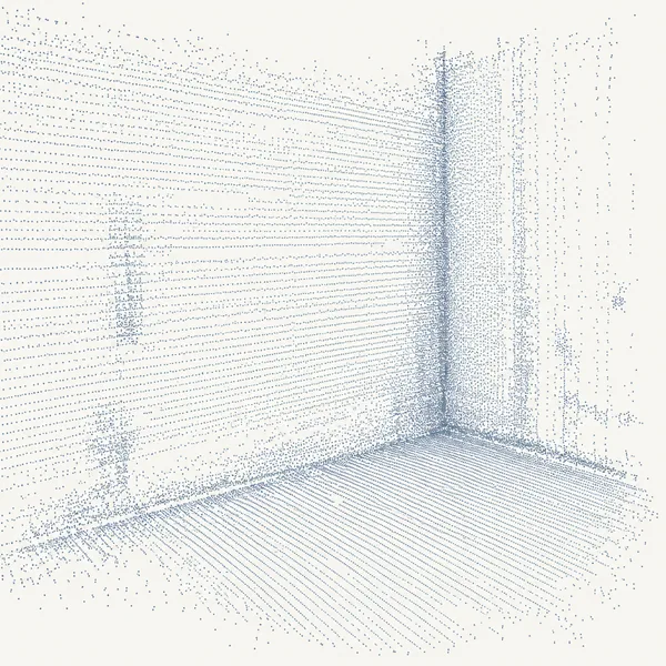 A dense fragment of a laser-scan point cloud describing a wall and a floor meeting at a corner.