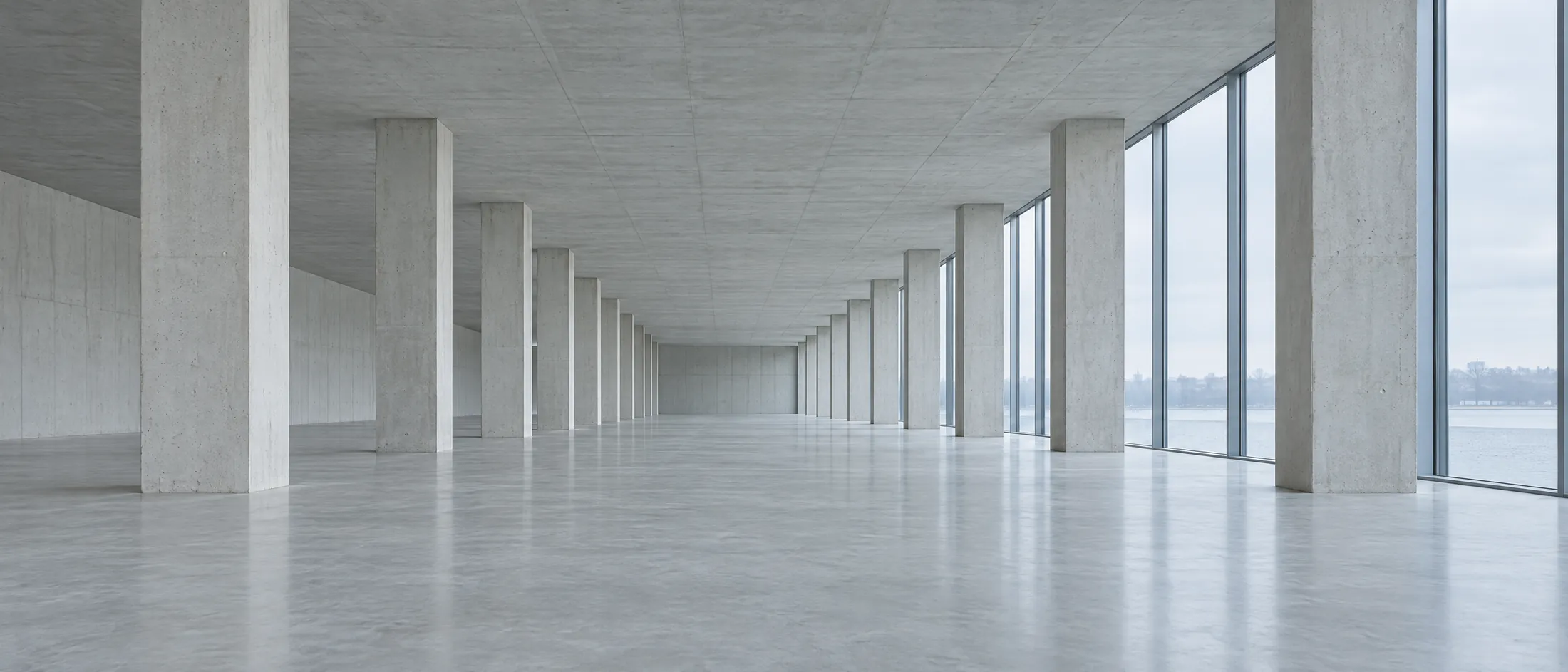 A vast empty concrete hall with a long row of square columns and tall glazing down one side.