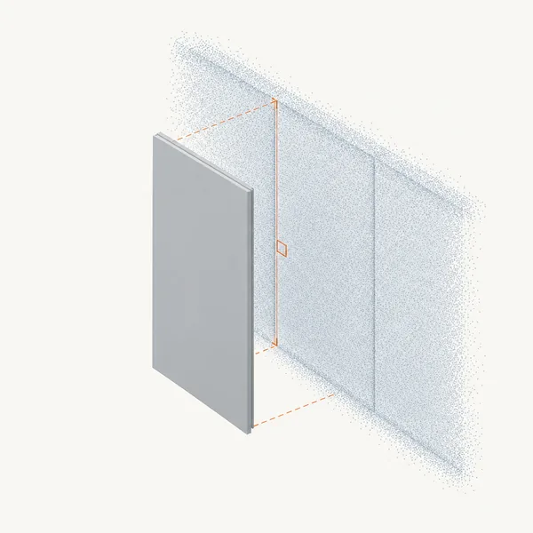 A wall panel being positioned against the point cloud of the same wall, with alignment guides.