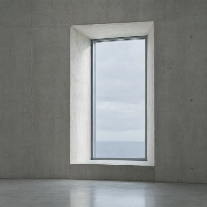 A deep window reveal cut through a thick concrete wall.